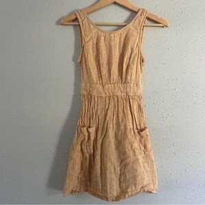🦋Linen Blend Yellow Tan Sleeveless Mini Dress Casual Summer Neutral XS